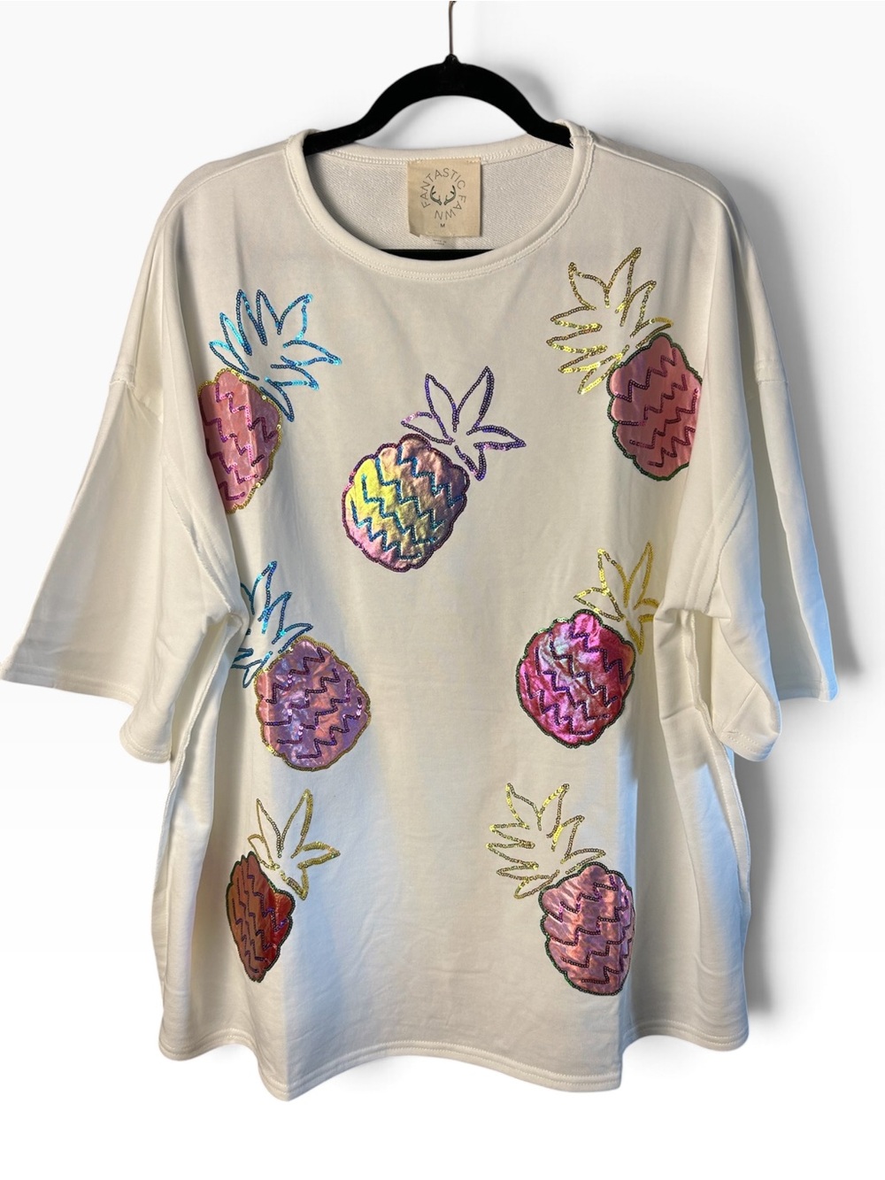 Fantastic Fawn White Tee with Multicolor Sequin Pineapple Motif